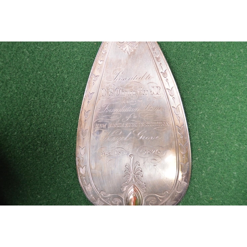 445 - Silver trowel having personalised engraving to read Presented To DS Clayton Esq JP On Laying The Fou... 