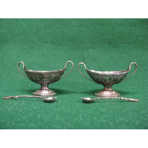 470 - Pair of silver two handled salts having matching spoons with twist stems, marked for London and bear... 