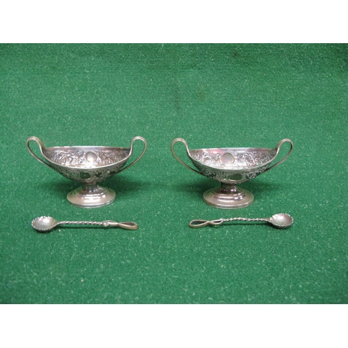 470 - Pair of silver two handled salts having matching spoons with twist stems, marked for London and bear... 