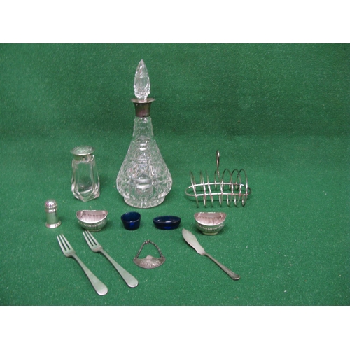 478 - Cut glass decanter having silver collar, marked for London together with a glass sugar shaker with s... 