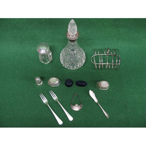 478 - Cut glass decanter having silver collar, marked for London together with a glass sugar shaker with s... 