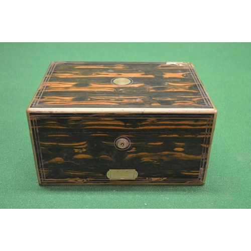 487 - Coromandle wood brass inlaid travelling vanity box with original outer leather case (af) the top ope... 