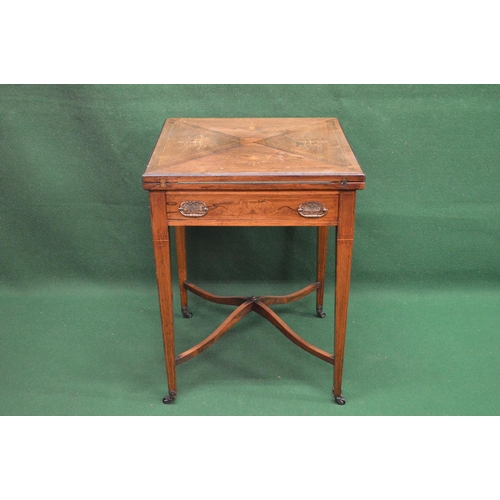 6 - Inlaid rosewood envelope top card table the top opening to reveal baized playing surface over single... 