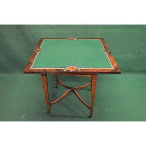 6 - Inlaid rosewood envelope top card table the top opening to reveal baized playing surface over single... 