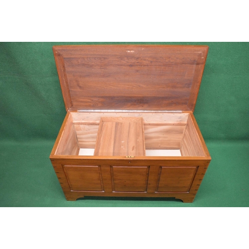 61 - 20th century camphor wood chest having three panel top and front, the top opening to reveal sliding ... 