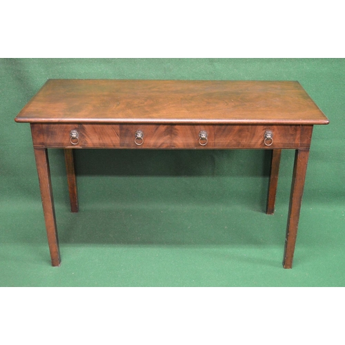 65 - Mahogany serving table the top having moulded edge over two drawers with brass handles, standing on ... 