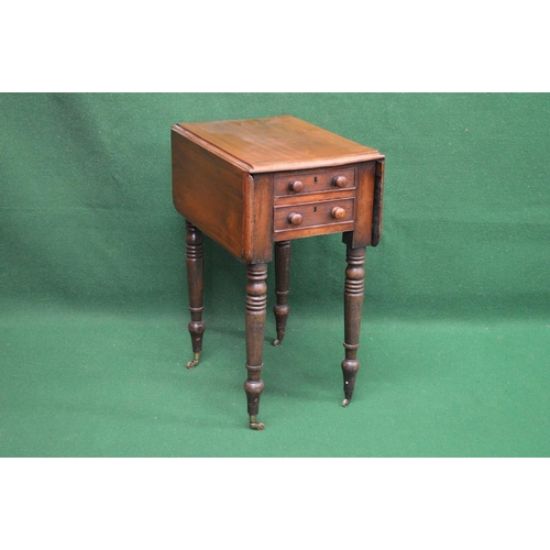 74 - Victorian mahogany work table having two drop flaps and two small drawers supported on turned legs e... 