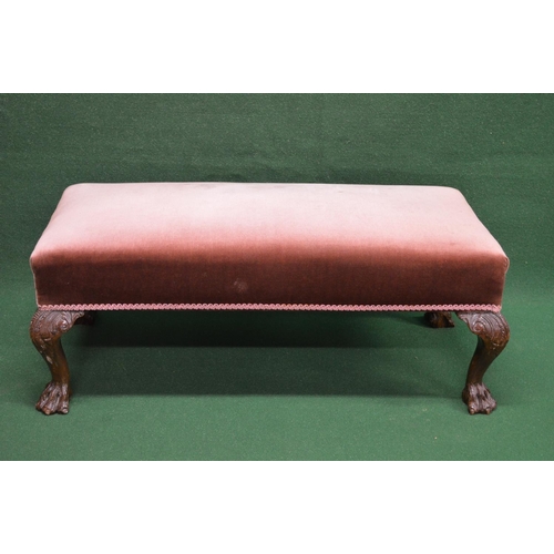 84 - Mahogany foot stool having overstuffed top supported on four carved cabriole legs ending in lions pa... 