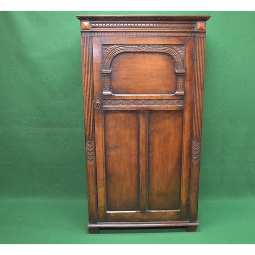 86 - 20th century oak hall robe having single three panelled door with carved decoration opening to revea... 