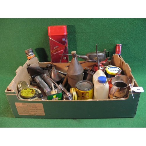 10 - Box of assorted oil cans, tins, grease cans and guns, pourers etc