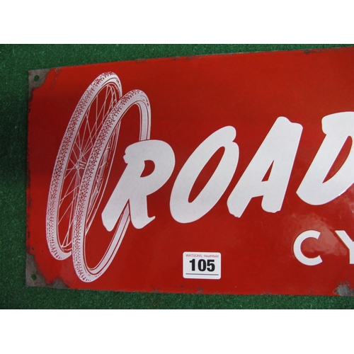 105 - Small enamel sign for Roadfinder Cycle Tyres featuring a bicycle wheel and tyres, white letters on a... 