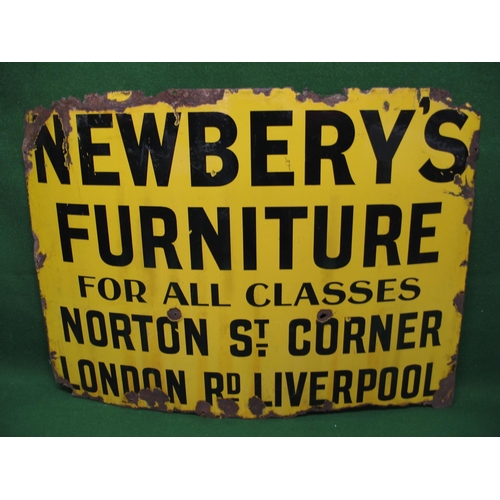 116 - Enamel sign for Newbery's Furniture For All Classes, Norton St Corner, London Road, Liverpool.  Blac... 