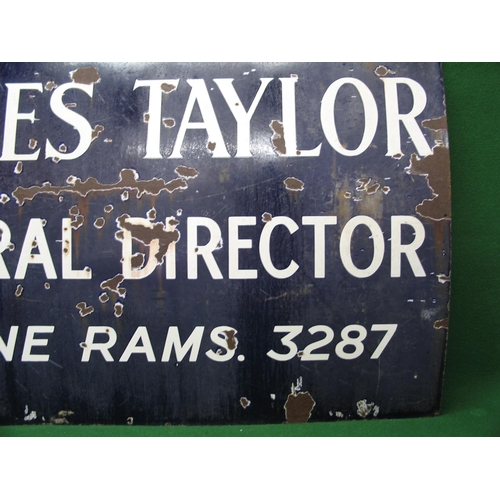 119 - Large enamel sign for James Taylor Funeral Director, Phone Rams 3287, white letters on a dark blue g... 