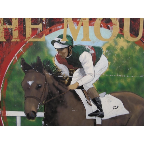 121 - Double sided hand painted Whitbread aluminium pub sign for The Mount featuring a race horse and jock... 