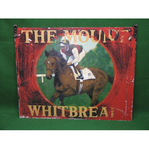 121 - Double sided hand painted Whitbread aluminium pub sign for The Mount featuring a race horse and jock... 