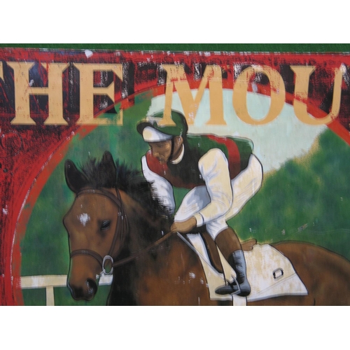 121 - Double sided hand painted Whitbread aluminium pub sign for The Mount featuring a race horse and jock... 