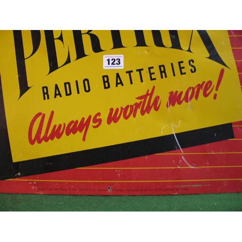 123 - Aluminium sign for Pertrix Radio Batteries Always Worth More!, black and red letters on a yellow, bl... 