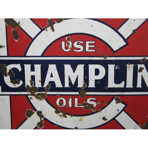 125 - Double sided square enamel advertising sign Use Champlin Oils, white letters on a red, white and blu... 