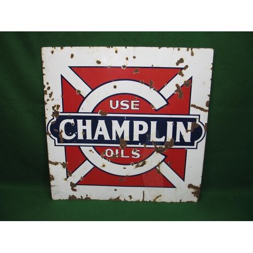 125 - Double sided square enamel advertising sign Use Champlin Oils, white letters on a red, white and blu... 