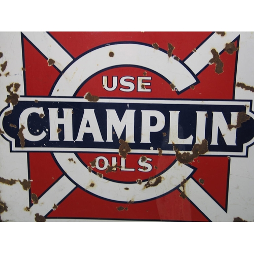 125 - Double sided square enamel advertising sign Use Champlin Oils, white letters on a red, white and blu... 