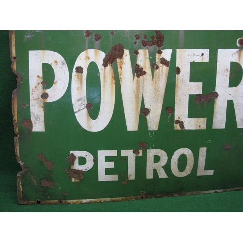 131 - Large enamel sign Have You Tried The New Power Petrol, white letters and border on a green ground - ... 