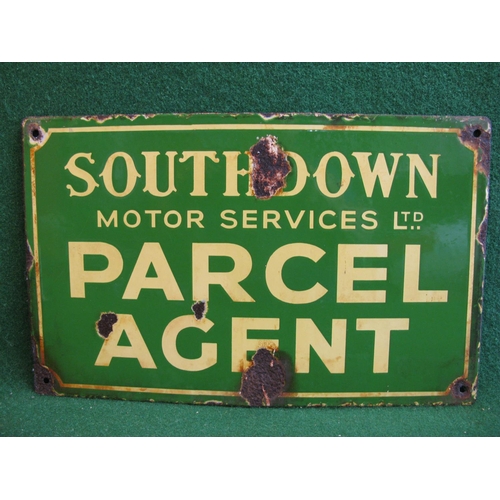 142 - Rare local double sided enamel sign for Southdown Motor Services Ltd Parcel Agent, pale yellow lette... 