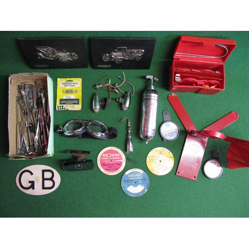 15 - Mixed lot to include: rear view mirror clock, Pyrene extinguisher, goggles, GB plate, boxed set of t... 