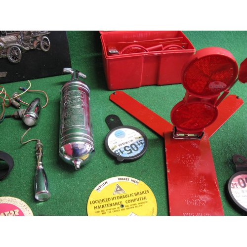 15 - Mixed lot to include: rear view mirror clock, Pyrene extinguisher, goggles, GB plate, boxed set of t... 