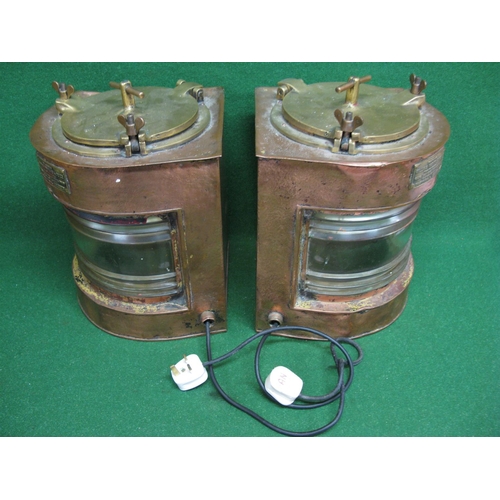 153 - Pair of large brass and copper Port and Starboard ships lanterns now with 40 volt domestic light fit... 