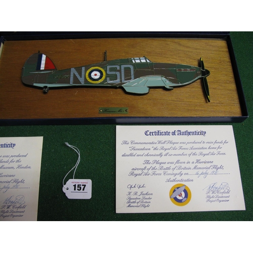 157 - Three boxed commemorative wall plaques of a Lancaster MkI, Spitfire and a MkI Hurricane produced as ... 