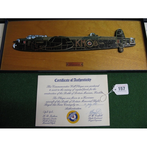 157 - Three boxed commemorative wall plaques of a Lancaster MkI, Spitfire and a MkI Hurricane produced as ... 