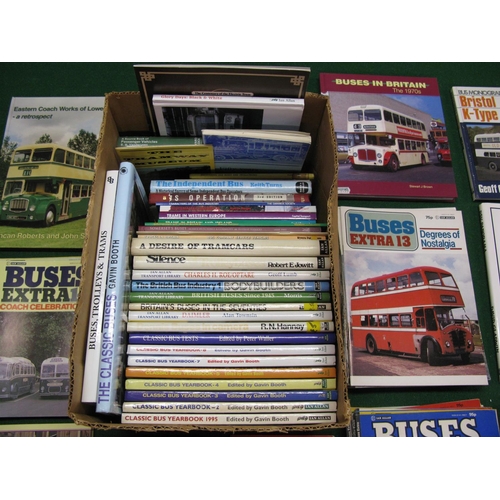 180 - Two boxes of books on buses etc together with Buses Extra magazine 1-26