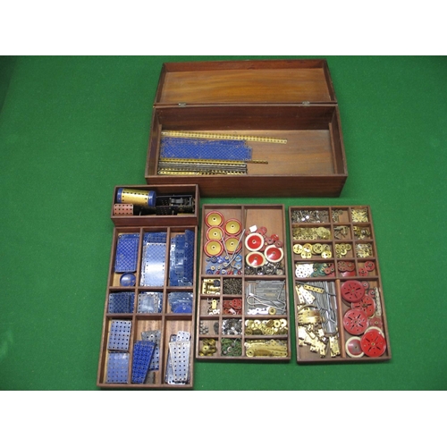 205 - Collection of 1930's blue and gold Meccano and two electric motors contained in a wooden chest with ... 