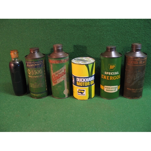 24 - Five round cans for BP Energol, Duckhams, Castrol XL, Duckhams Q5500 and Filtrade Approved For Wolse... 