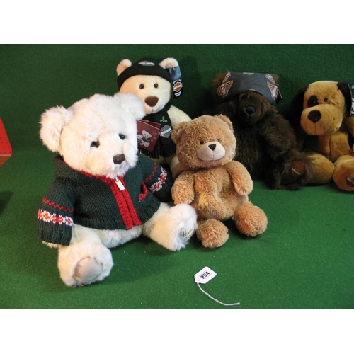 254 - Seven soft toy bears to comprise: three Harley Davidson, 2006 Harrods, Hope & Caring, Woodstock (han... 