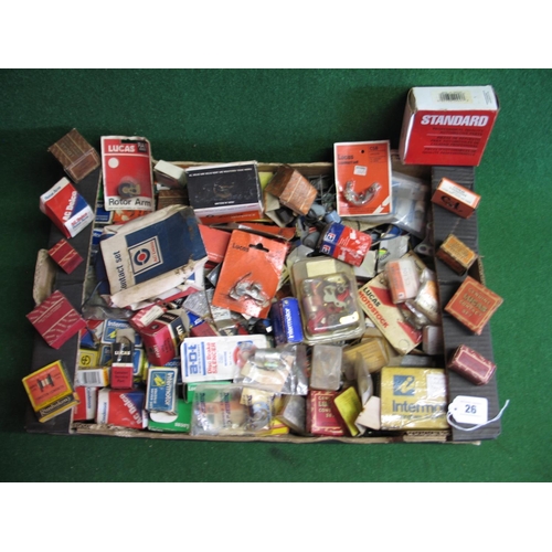 26 - Box of assorted boxed new old stock vehicle small electrical components ie rotor arms, brush set, co... 