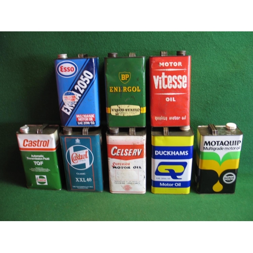 28 - Eight different one gallon or five litre metal cans to include: Celserv, Energol, Vitesse, Esso, Duc... 