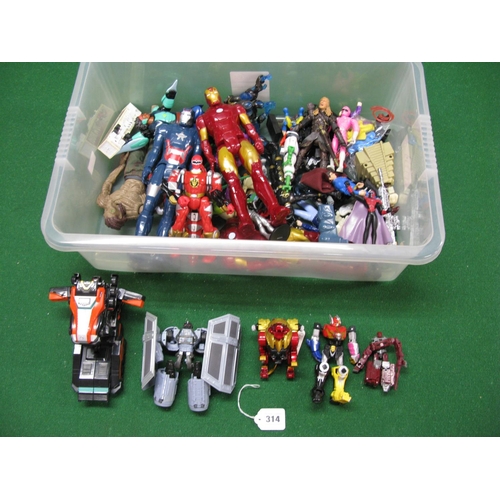 314 - Box of action figures to include: Transformers, Tie-Fighter, Power Rangers Red Lion and Iron Man etc