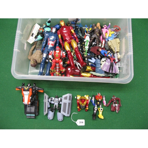 314 - Box of action figures to include: Transformers, Tie-Fighter, Power Rangers Red Lion and Iron Man etc