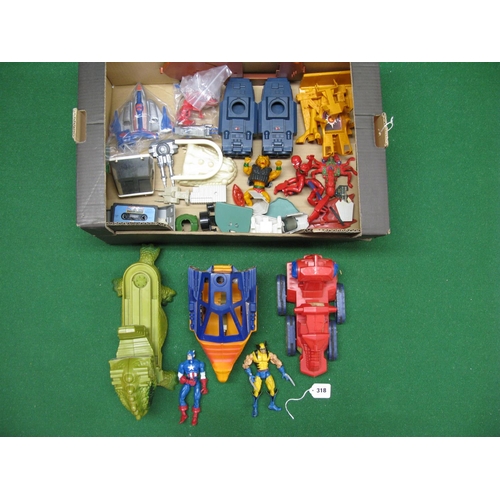 318 - Box of 1980's/1990's toys to include: Captain America, and Wolverine, vehicles include He-man Attak ... 