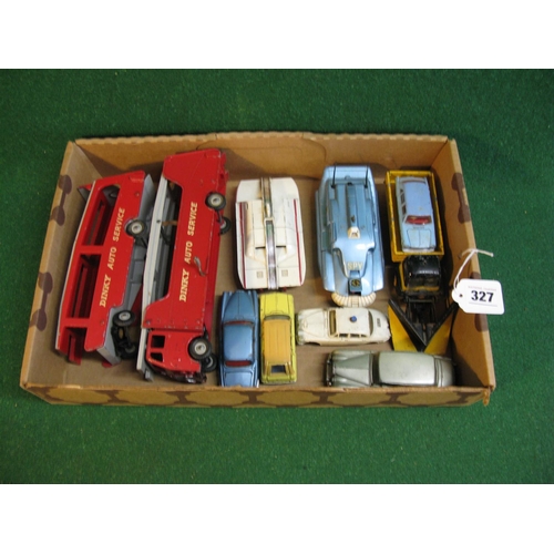 327 - Ten diecast Dinky models to include: 948 Auto Service Car Carrier with Trailer, 105 Maximum Security... 