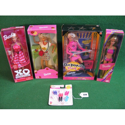 328 - Barbie: four boxed 1990's/2001 dolls, an unopened Dressy Shoes pack and a Pool 'N Spa (in tatty box)... 