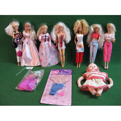 333 - Eight loose dolls marked as follows: two for Mattel Barbie 1966 and 2009, two Mattel, one Simba and ... 