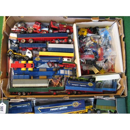 337 - Two boxes of loose diecast and plastic commercial vehicles for spares or repair to include cabs, tra... 