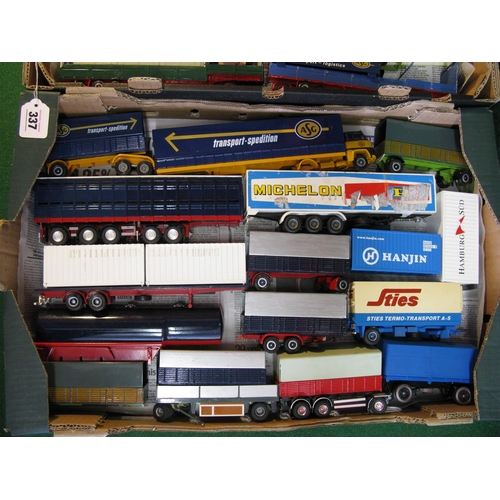 337 - Two boxes of loose diecast and plastic commercial vehicles for spares or repair to include cabs, tra... 