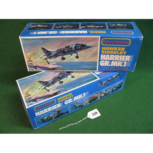 339 - Two Hawker Harrier battery operated plastic jump jets, Made In Hong Kong by Artform, boxed