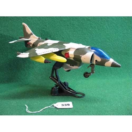 339 - Two Hawker Harrier battery operated plastic jump jets, Made In Hong Kong by Artform, boxed