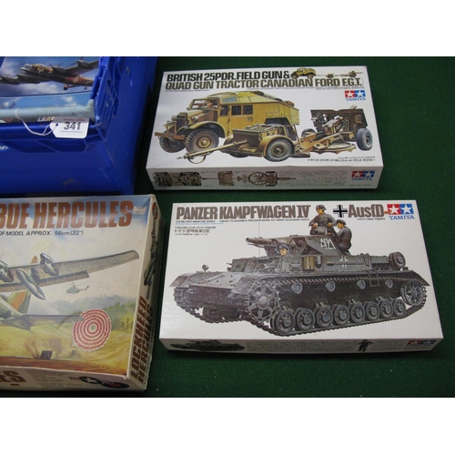 341 - Six unmade plastic kits from Airfix and Tamiya to include: The Three Plane Battle Of Britain Memoria... 