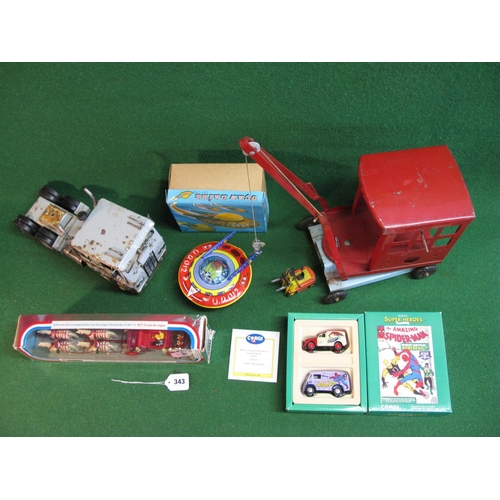 343 - Large Triang tinplate crane, metal American rig, tinplate Spaceship (boxed) together with a Corgi 19... 