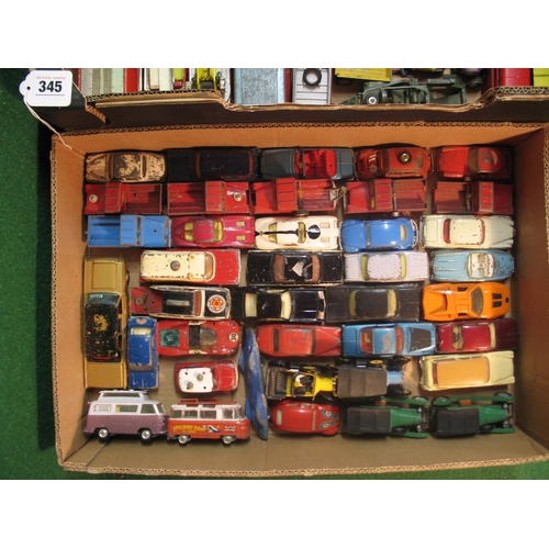 345 - Two boxes of approx seventy die cast Corgi, cars, fire engines, lorries, Land Rovers etc, all playwo... 